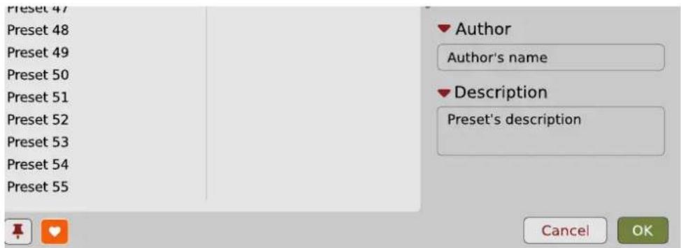 Preset 47 Preset 48 Preset 49 Preset 50 Preset 51 Preset 52 Preset 53 Preset 54 Preset 55 Author Author's name Description Preset's description Cancel OK
