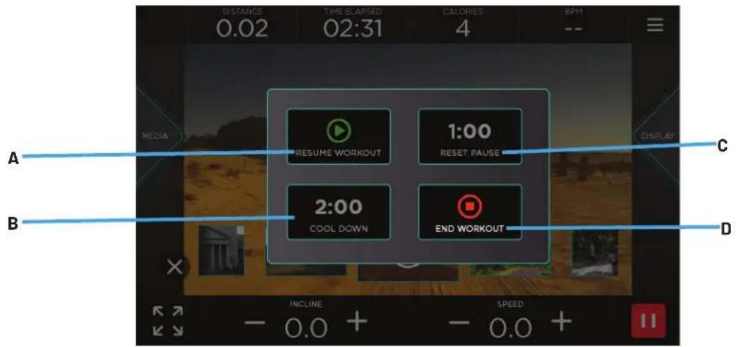 DISTANCE 0.02 TIME ELAPSED 02:31 CALORIES 4 BPH ≡ MEDIA A C DISPLAY RESUME WORKOUT 1:00 RESET PAUSE B 2:00 COOL DOWN END WORKOUT D INCLINE SPEED - 0.0 + - 0.0 +