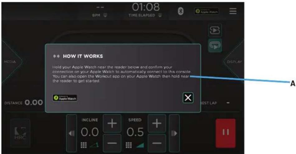 HOW IT WORKS Hold your Apple Watch near the reader below and confirm your connection on your Apple Watch to automatically connect to this console. You can also open the Workout app on your Apple Watch then hold near the reader to get started. Apple Watch INCLINE 0.0 + - SPEED 0.5 + - A