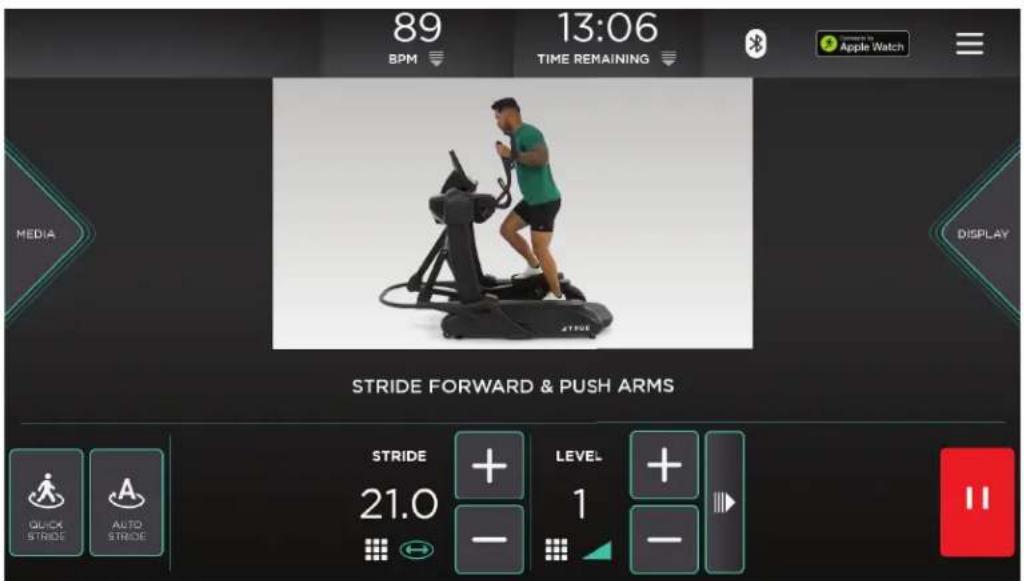89 BPM 13:06 TIME REMAINING MACCHEE TO Apple Watch MEDIA DISPLAY STRIDE FORWARD & PUSH ARMS STRIDE 21.0 + - LEVEL 1 + - QUICK STRIDE AUTO STRIDE II