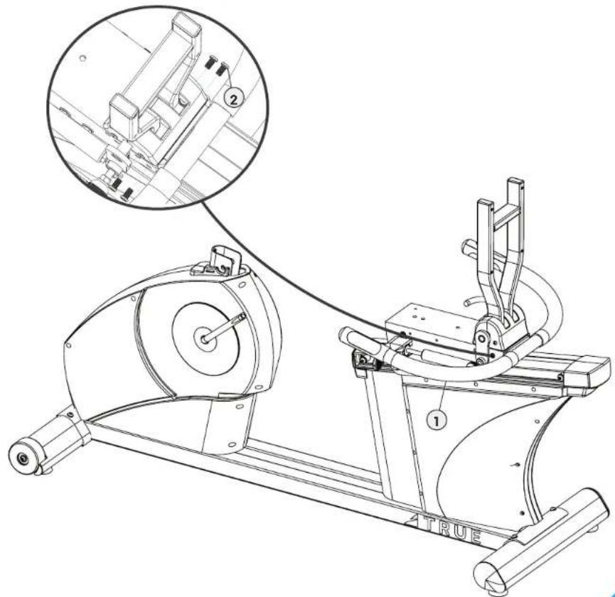 Technical line drawing of a stationary exercise machine with labeled components and an inset detail view showing mechanical assembly details.