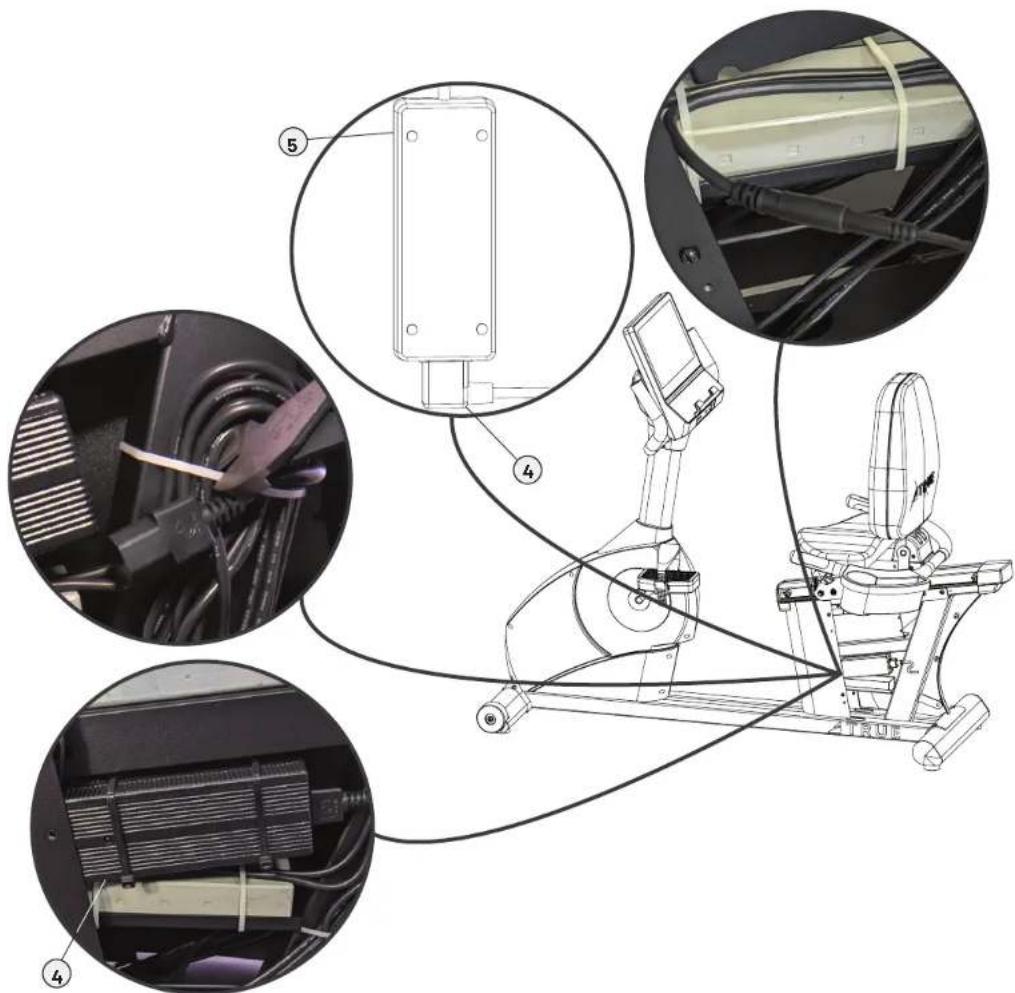 Technical diagram of an exercise machine with labeled components and wiring connections
