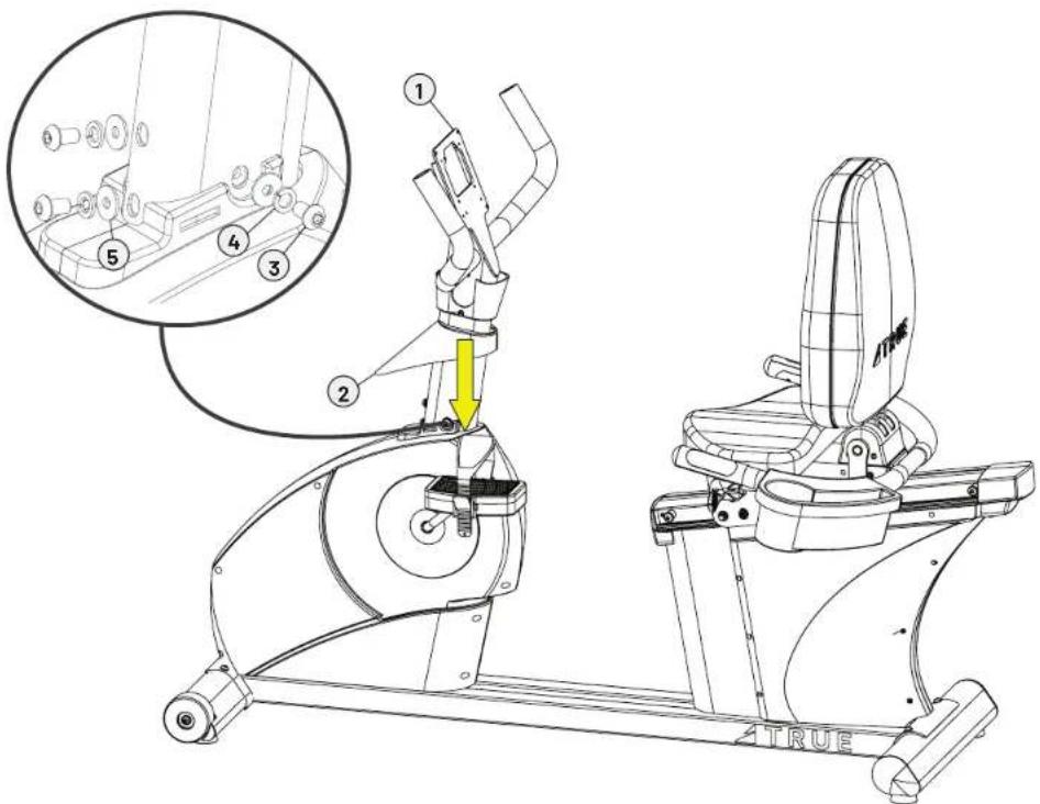 Technical diagram of a stationary exercise machine with numbered components and an inset showing mechanical assembly steps