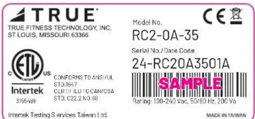 TRUE TRUE FITNESS TECHNOLOGY, INC. ST LOUIS, MISSOURI 63366 C US Intertek 315486 CONFORMS TO ANS/UL STD.1647 CLRTTIFLD TO CAN/CSA STD. C22.2 NO.98 Intertek Testing Services Taiwan Ltd. Model No. RC2-0A-35 Serial No./Date Code 24-RC20A3501A SAMPLE Rating: 100-240 Vac, 50/60 Hz, 200 Va Made IN TAIWAN