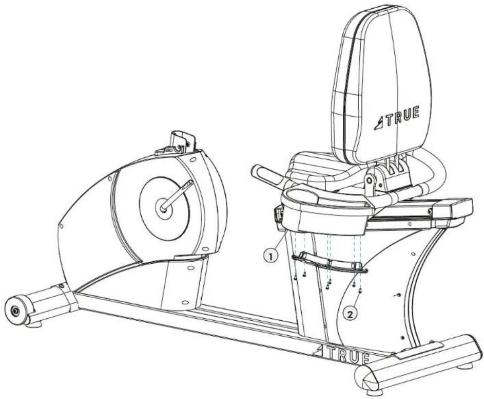 Technical line drawing of a stationary exercise machine with labeled components and assembly details