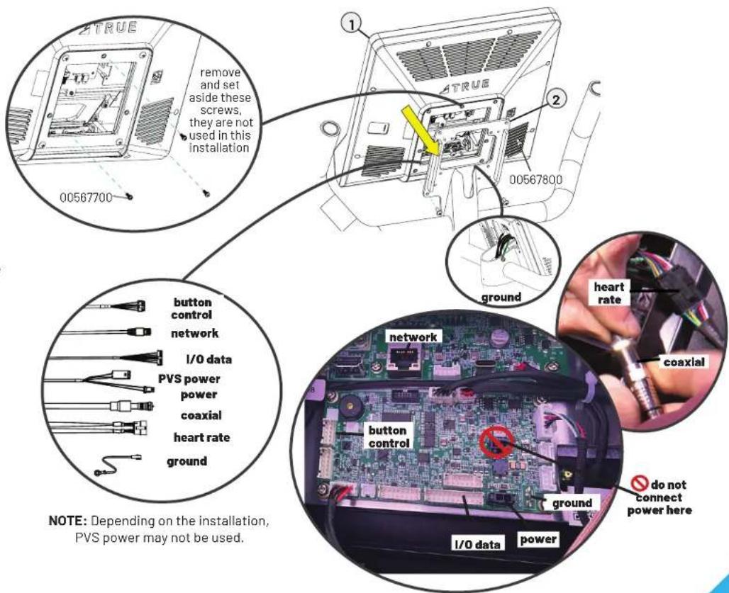 ZTRUE remove and set aside these screws, they are not used in this installation 00567700 ① ATRUE ② 00567800 ground button control network I/O data PVS power power coaxial heart rate ground NOTE: Depending on the installation, PVS power may not be used. heart rate coaxial button control ground I/O data power do not connect power here