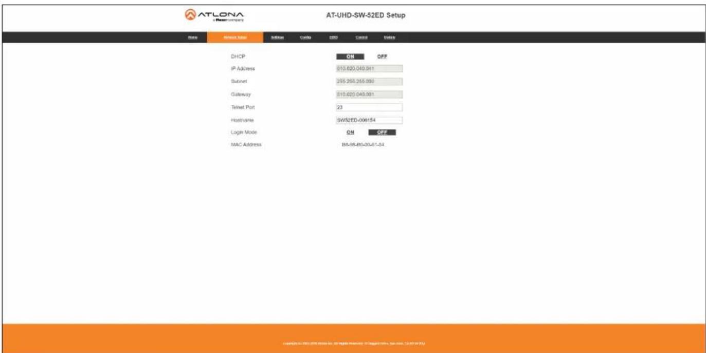 AT-LONA AT-UHD-SW-52ED Setup Name Service Date Inbitram Center USB Cancel Value DHCP ON OFF IP Address 910.020.040.041 Subnet 265.268.265.000 Gateway 910.020.043.001 Telnet Port 23 Hostname SWS2ED-008:54 Login Mode ON OFF MAC Address B8-95-B0-30-61-54