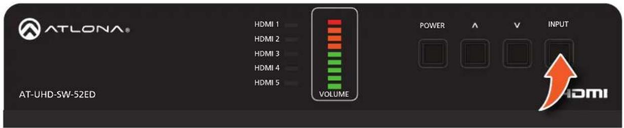 ATLONA® HDMI 1 HDMI 2 HDMI 3 HDMI 4 HDMI 5 VOLUME POWER A V INPUT AT-UHD-SW-52ED HDMI