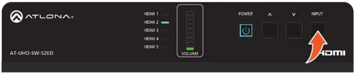 ATLONA® HDMI 1 HDMI 2 HDMI 3 HDMI 4 HDMI 5 VOLUME POWER A V INPUT AT-UHD-SW-52ED HDMI