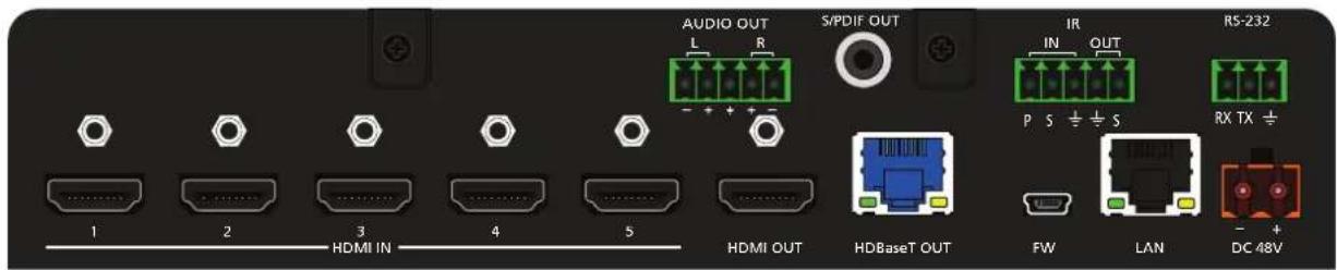 AUDIO OUT L R S/PDIF OUT IR IN OUT P S ÷ ÷ S RS-232 RX TX ÷ 1 2 3 4 5 HDMI IN HDBaseT OUT FW LAN DC 48V