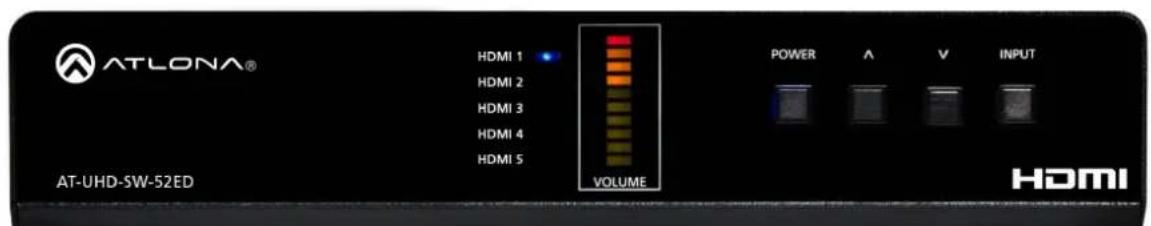 ATLONA® HDMI 1 HDMI 2 HDMI 3 HDMI 4 HDMI 5 VOLUME POWER A V INPUT AT-UHD-SW-52 ED HDMI