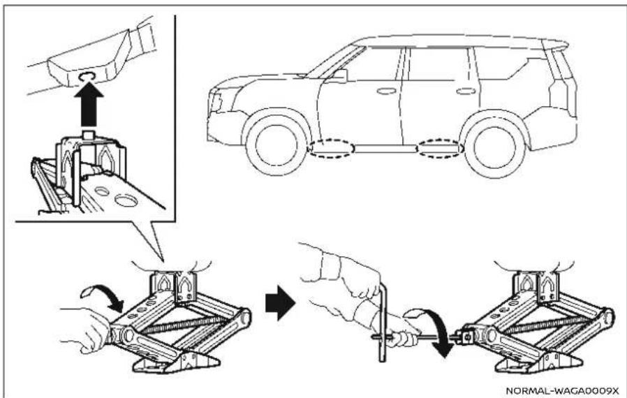 Diagram illustrating a mechanical assembly process with labeled steps and a vehicle diagram, including hand positioning and tool movement.