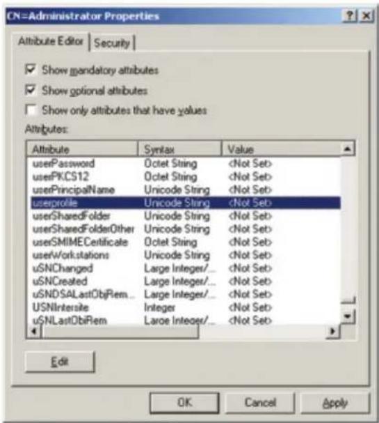CN=Administrator Properties Attribute Editor | Security | ✓ Show mandatory attributes ✓ Show optional attributes ☐ Show only attributes that have values Attributes: Attribute Syntax Value userPassword Octet String userPKCS12 Octet String userPrincipalName Unicode String userRole Unicode String userSharedFolder Unicode String userSharedFolderOther Unicode String userSMIMECertificate Octet String userWorkstations Unicode String uSNChanged Large Integer/_ uSNCreated Large Integer/_ uSNDSALastObjRem... Large Integer/_ USNIntersite Integer uSNLastObjRem Large Integer/_ Edit OK Cancel Apply