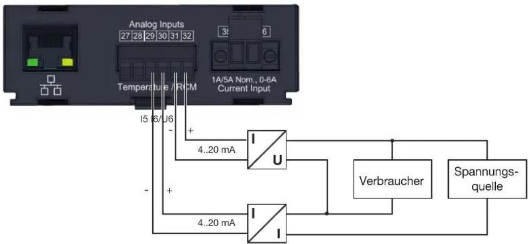 Analog Inputs 27 28 29 30 31 32 Temperature / RCM 1A/5A Nom., 0-6A Current Input I5 6/ J6 + - 4..20 mA I/U Verbraucher Spannungs- quelle 4..20 mA