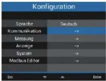 Konfiguration Sprache Deutsch Kommunikation -> Messung -> Anzeige -> System -> Modbus Editor -> Exo Enter