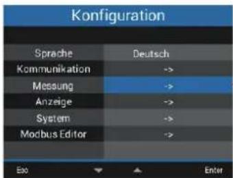 Konfiguration Sprache Deutsch Kommunikation -> Messung -> Anzeige -> System -> Modbus Editor -> Eso Enter