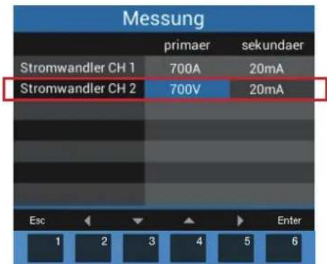 Messung primaer sekundaer Stromwandler CH 1 700A 20mA Stromwandler CH 2 700V 20mA Esc Enter 1 2 3 4 5 6