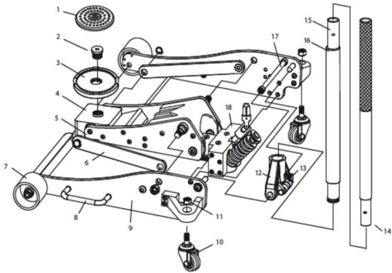 Technical diagram of a mechanical device with numbered components for identification and assembly reference.