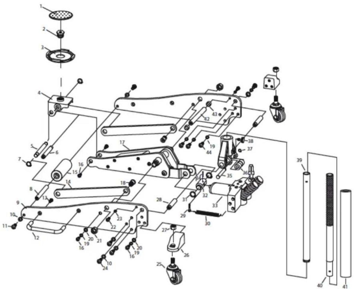 Exploded view diagram of a mechanical assembly with numbered components and labeled parts