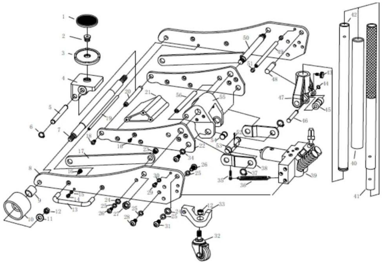 Technical diagram of a mechanical assembly with numbered components and labeled parts
