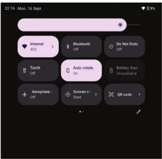 22:16 Mon, 16 Sept 89% Internet 402 > Bluetooth Off Do Not Distu Off Torch Off Auto-rotate On Battery Save Unavailable Aeroplane Off Screen re Start > QR code >