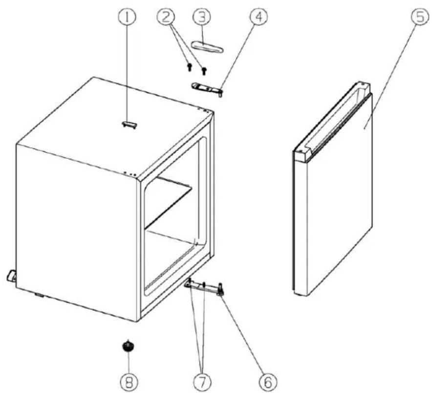 Technical diagram of a refrigerator with numbered parts for identification and assembly reference.