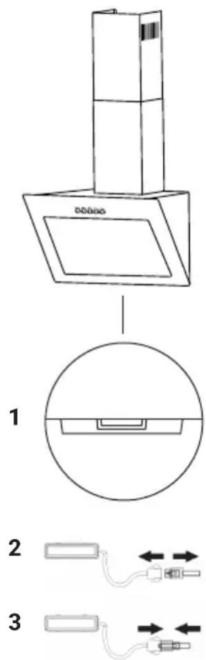 Diagram showing a kitchen air conditioner unit with labeled components and three schematic diagrams illustrating internal structure and connection.