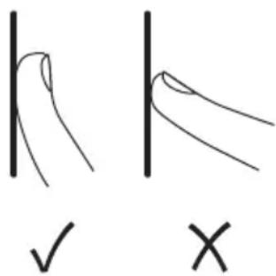 Hand-drawn diagrams showing correct and incorrect hand positions with checkmark and cross symbols