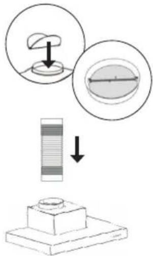 Diagram illustrating a mechanical or optical setup with labeled components and directional arrows, including a magnified inset showing internal structure.