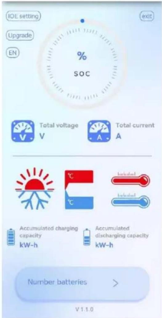 IOE setting Upgrade EN % SOC Total voltage V Total current A Accumulated charging capacity kW-h Accumulated discharging capacity kW-h Number batteries > V.1.1.0