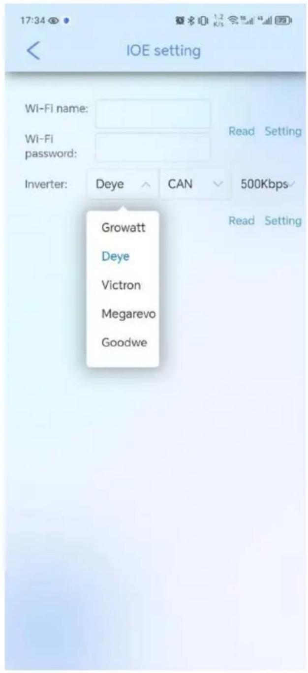 17:34 IOE setting Wi-Fi name: Wi-Fi password: Inverter: Deye CAN 500Kbps Growatt Deye Victron Megarevo Goodwe