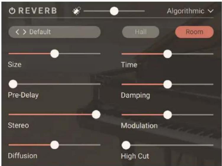 REVERB Algorithmic << > Default Hall Room Size Pre-Delay Stereo Diffusion Time Damping Modulation High Cut