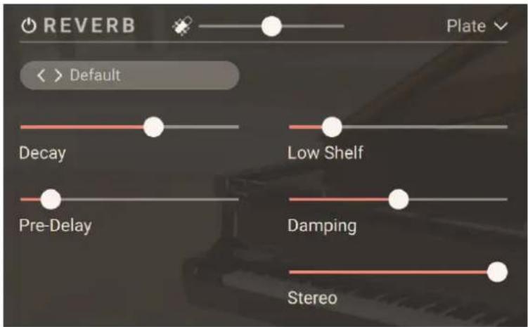 REVERB Plate < > Default Decay Low Shelf Pre-Delay Damping Stereo