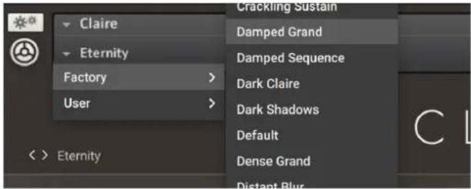 Claire Eternity Factory > User > Crackling Sustain Damped Grand Damped Sequence Dark Claire Dark Shadows Default Dense Grand Distant Blur