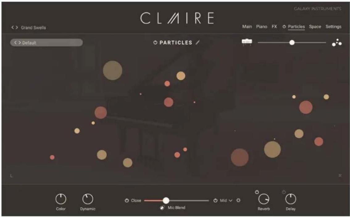 CLMIRE GLALAXY INSTRUMENTS Grand Swells Main Piano FX Particles Space Settings Default PARTICLES Color Dynamic Close Mid Reverb Delay