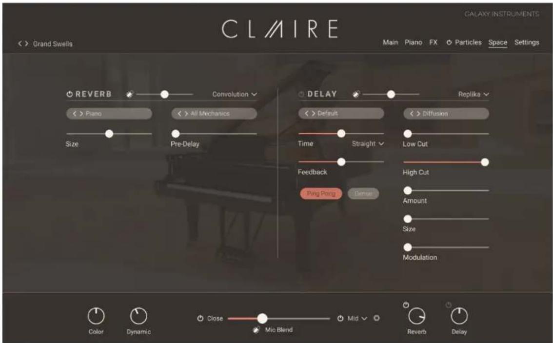 CLMIRE CLMIRE INSTRUMENTS Grand Swells Main Piano FX Particles Space Settings REVERB Convolution Piano All Mechanics Size Pre-Delay DELAY Replika Default Diffusion Time Straight Low Cut Feedback High Cut Pving Ping Denial Amount Size Modulation Color Dynamic Close Mic Blend Mid Reverb Delay