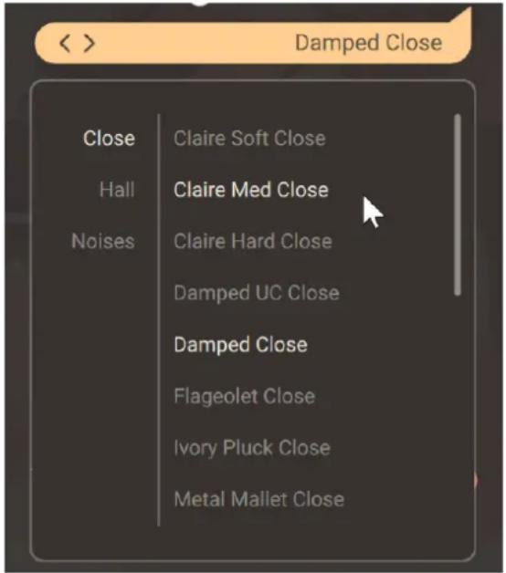Damped Close Close Claire Soft Close Hall Claire Med Close Noises Claire Hard Close Damped UC Close Damped Close Flageolet Close Ivory Pluck Close Metal Mallet Close