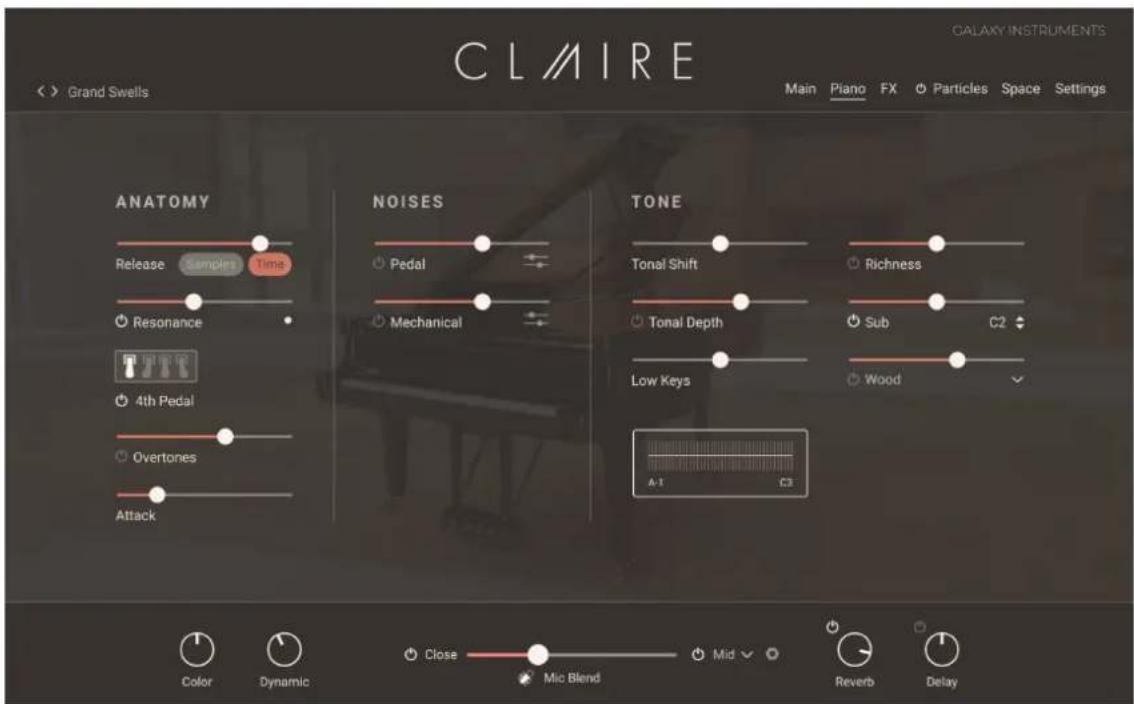 CLMIRE CALAXY INSTRUMENTS Grand Swells Main Piano FX Particles Space Settings ANATOMY Release Samples Time Resonance 4th Pedal Overtones Attack NOISES Pedal Mechanical TONE Tonal Shift Richness Tonal Depth Sub C2 Low Keys Wood A-1 C3 Color Dynamic Close Mic Blend Mid Reverb Delay
