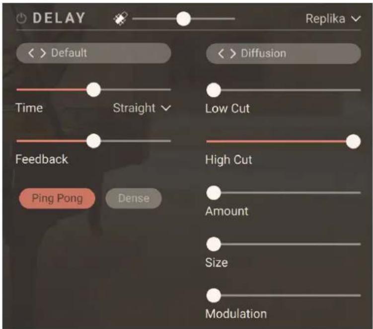 DELAY Replika << > Default << > Diffusion Time Straight Low Cut Feedback High Cut Ping Pong Dense Amount Size Modulation