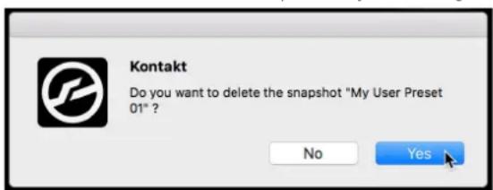 Kontakt Do you want to delete the snapshot "My User Preset 01" ? No Yes