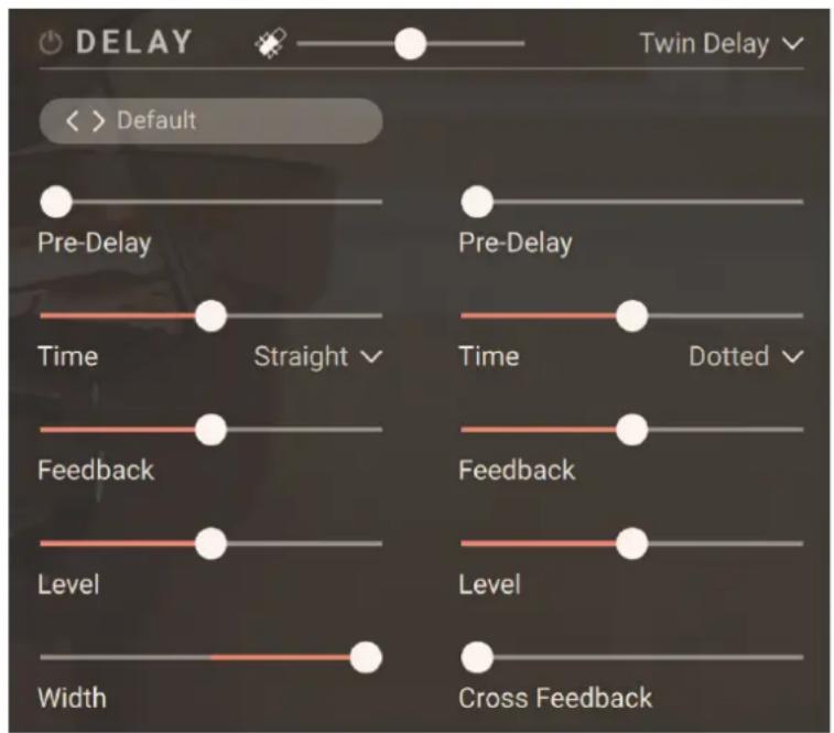DELAY Twin Delay < > Default Pre-Delay Time Straight Pre-Delay Time Dotted Feedback Feedback Level Level Width Cross Feedback