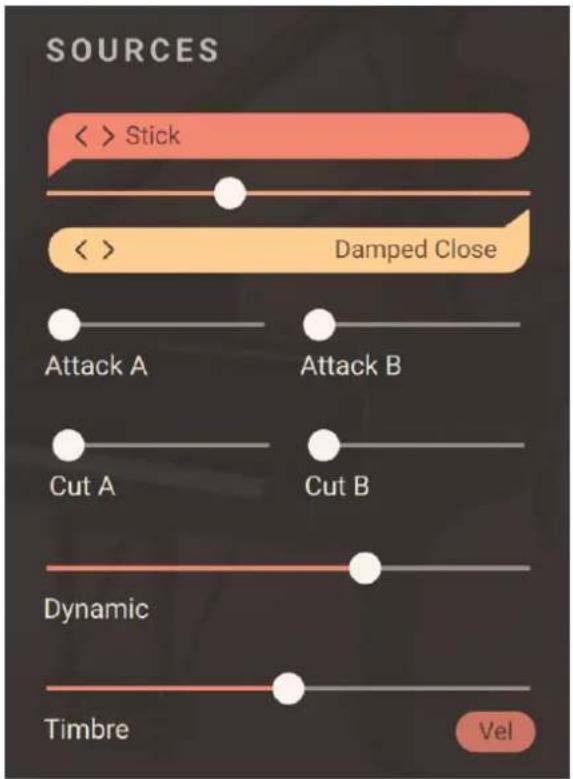 SOURCES << > Stick << > Damped Close Attack A Attack B Cut A Cut B Dynamic Timbre Vel