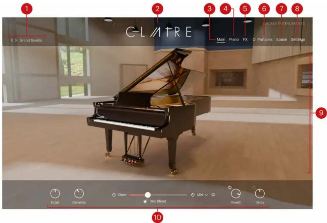 1 2 Grand Swells 3 4 5 6 7 8 C- L A T R E Main Piano FX Particles Space Settings 9 10 Color Dynamic Close Mid Reverb Delay