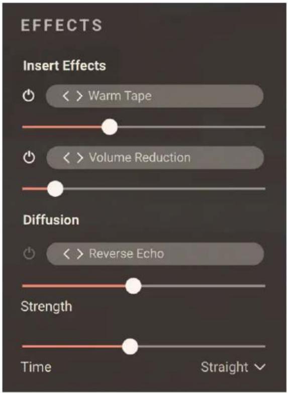 EFFECTS Insert Effects Warm Tape Volume Reduction Diffusion Reverse Echo Strength Time Straight