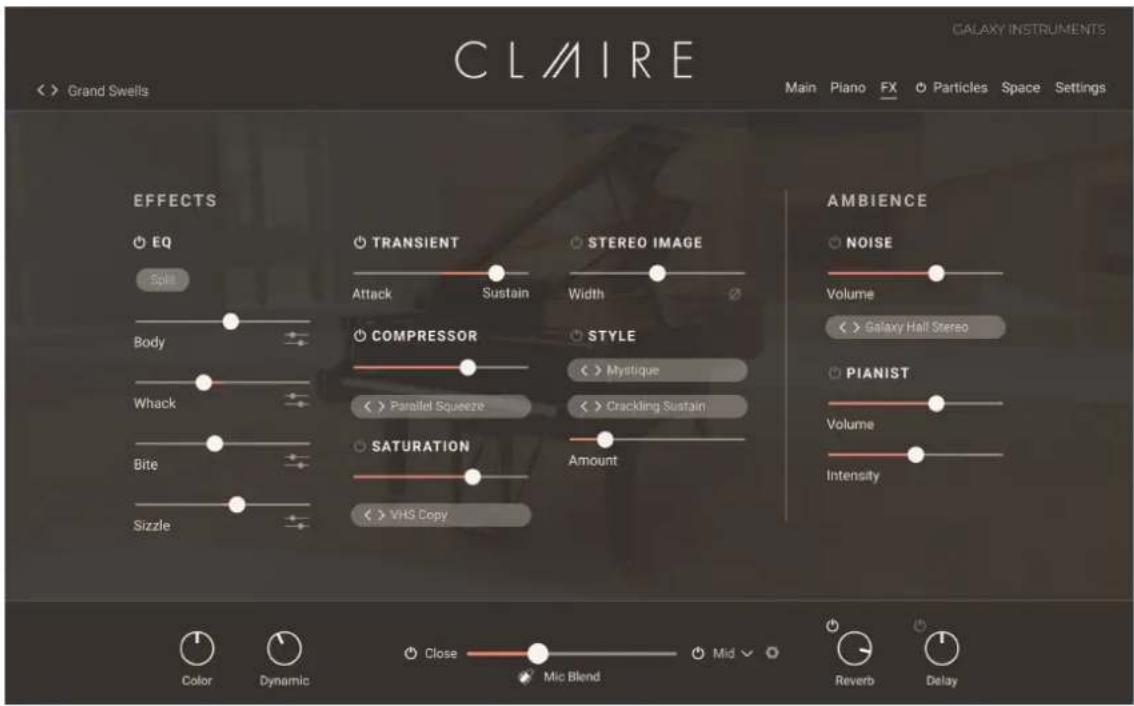 CL AIRE CL AIRE INSTRUMENTS Grand Swells Main Piano FX Particles Space Settings EFFECTS EQ Soil Body Compressor Whack Bite Sizzle TRANSIENT Attack Sustain STEREO IMAGE Width STYLE Mystique Cracking Sustain Saturation VHS Copy AMBIENCE NOISE Volume Galaxy Hall Stereo PIANIST Volume Intensity Color Dynamic Close Mid Reverb Delay Close Mic Blend