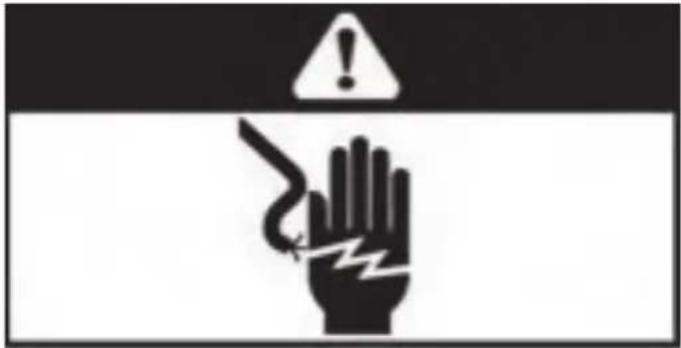 Warning sign with hand holding a lightning bolt and exclamation mark above it