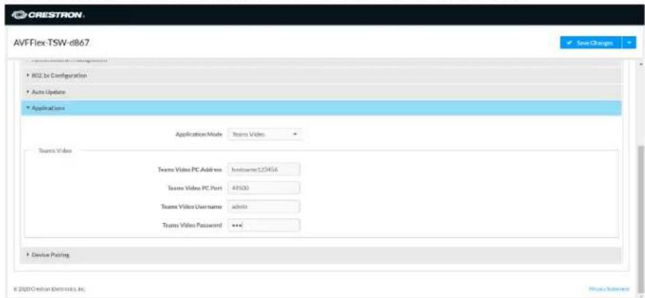 CRESTRON AVFFlex-TSW-d867 • 802.1x Configuration • Auto Update • Applications Application Mode Teams Video Team Video Team Video PC Address : Inbetuero123456 Team Video PC Port : 49000 Team Video Username admin Team Video Password : *** • Device Pinning © 2000 Cretion Electronics, Inc.