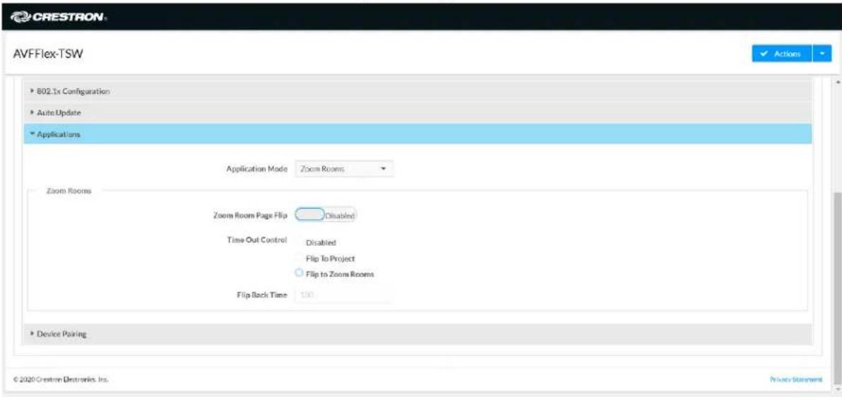 AVFFlex-TSW 802.1x Configuration Auto Update Applications Application Mode Zoom Rooms Zoom Rooms Zoom Room Page Flip Disabled Time Out Control Disabled Flip To Project Flip to Zoom Rooms Flip Back Time 100 Device Pairing © 2020 Crestron Electronics, Inc. Privacy Statement