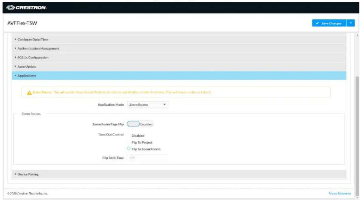 CRESTRON AVFFlex-TSW Configure Date/Time Authentication Management 802.1x Configuration Auto Update Applications Zoom Rooms: This will install Zoom Room Media on the device and/or optional functions. This will require a device to boost Application Mode Zoom Rooms Zoom Rooms Zoom Room Page Flip Disabled Time Out Control Disabled Flip To Project Flip to Zoom Rooms Flip Back Time 100 Device Pairing © 2020 Creation Electronics, Inc. Private Statement