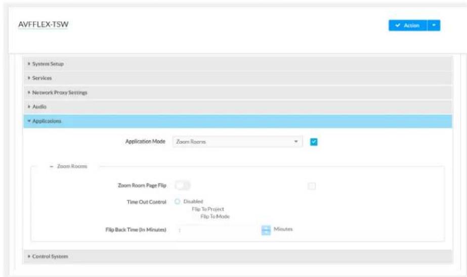 AVFFLEX-TSW System Setup Services Network Proxy Settings Audio Applications Application Mode Zoom Rooms Zoom Rooms Zoom Room Page Flip Time Out Control Disabled Flip To Project Flip To Mode Flip Back Time (In Minutes) 1 Minutes Control System